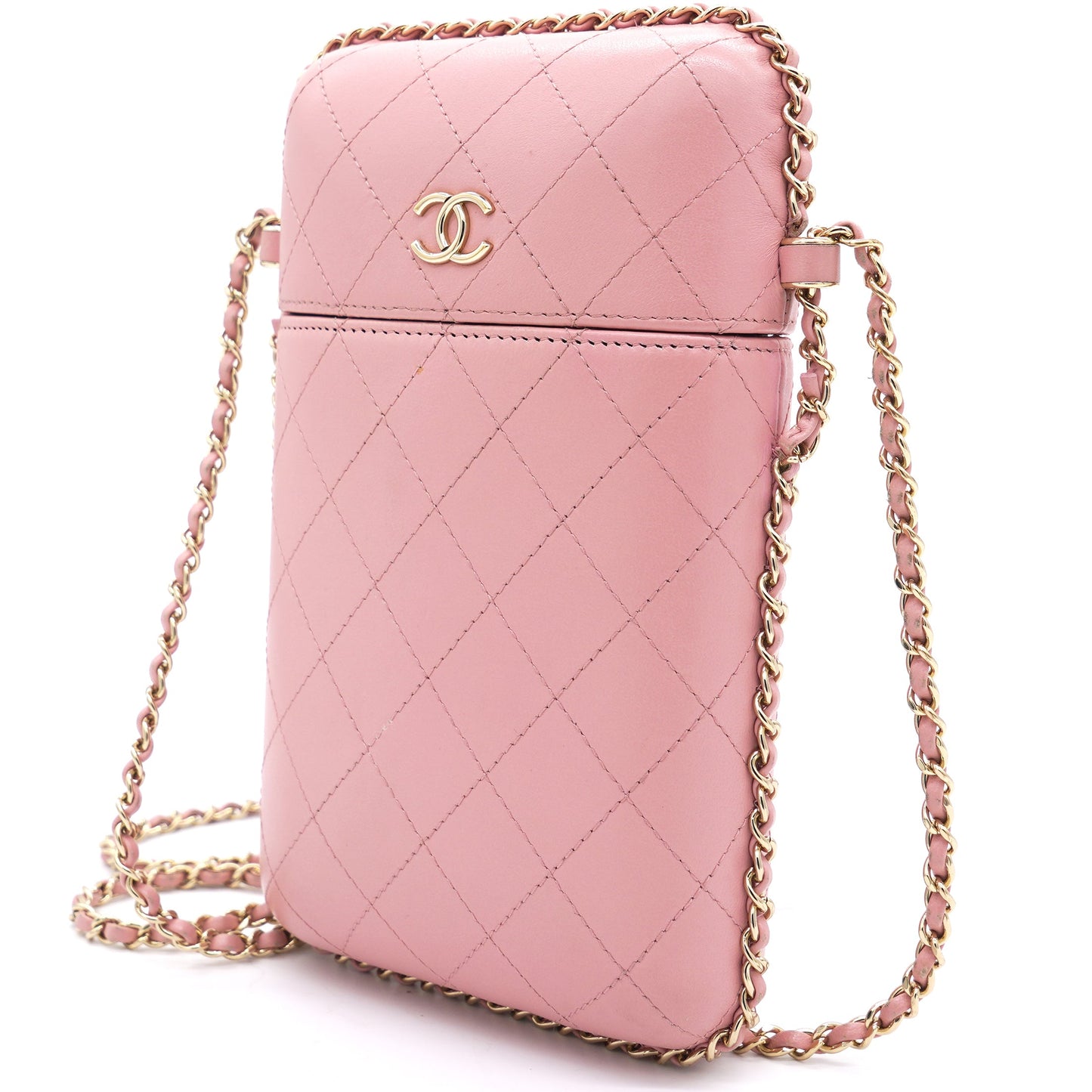 Lambskin Quilted Chain Around Phone Holder Pink
