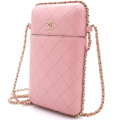 Lambskin Quilted Chain Around Phone Holder Pink