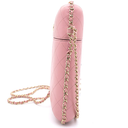 Lambskin Quilted Chain Around Phone Holder Pink