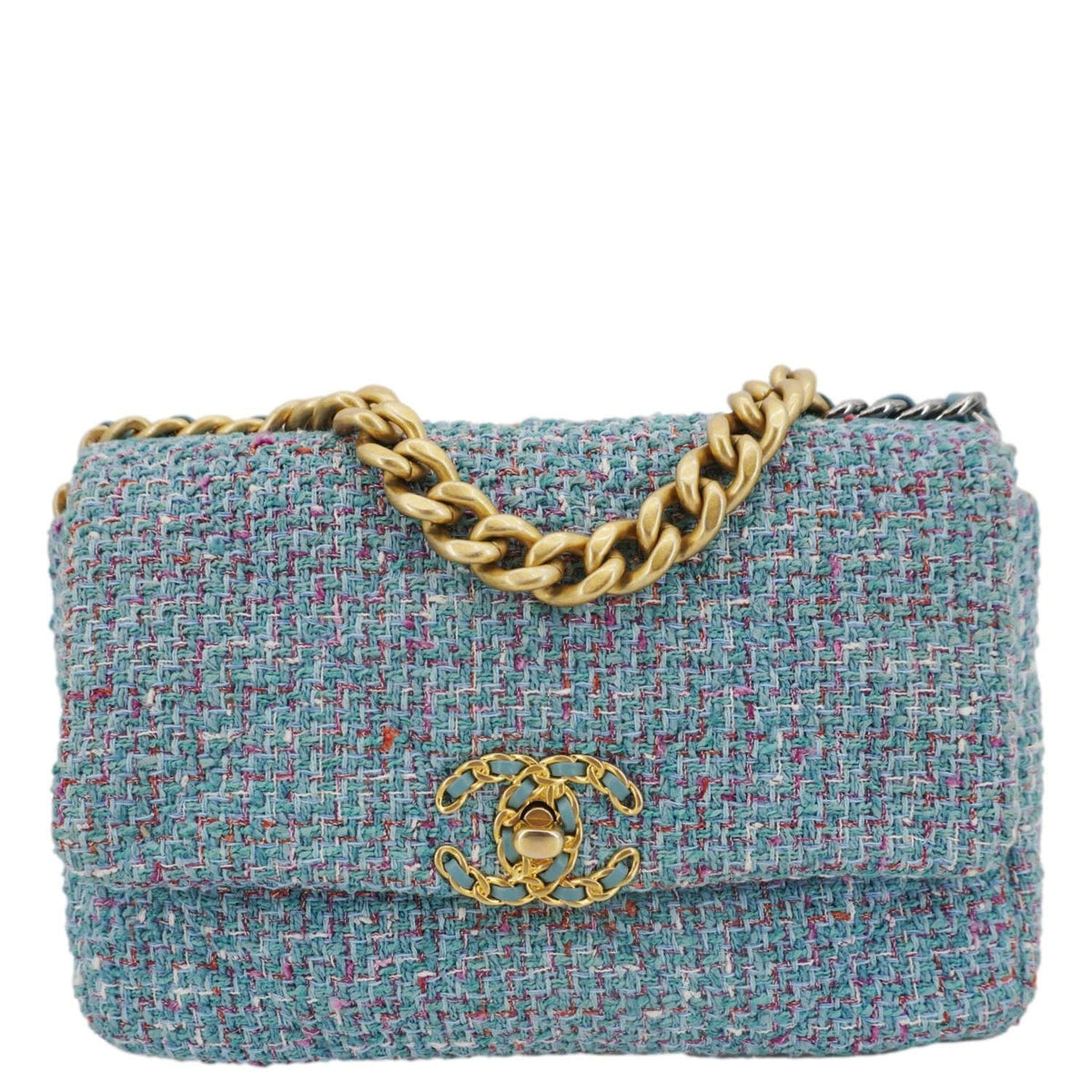 Chanel 19 Flap Medium Quilted Tweed Shoulder Bag Blue