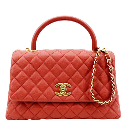 CHANEL Medium Coco Quilted Caviar Leather Top Handle Shoulder Bag Red