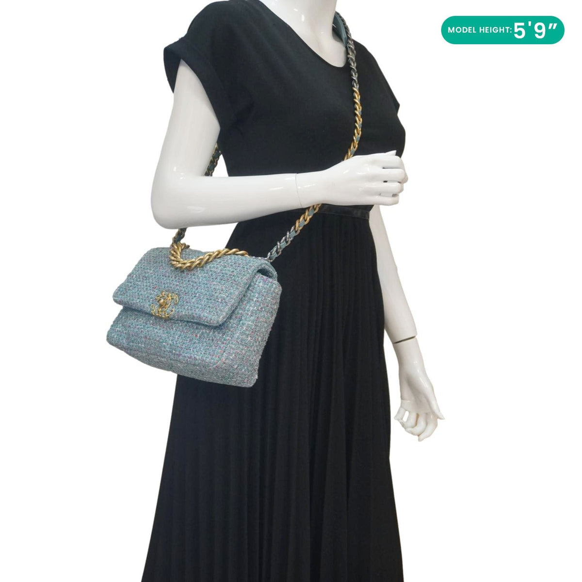 Chanel 19 Flap Medium Quilted Tweed Shoulder Bag Blue
