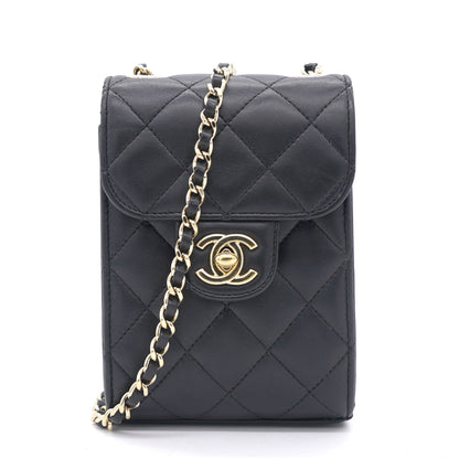 Lambskin Quilted Small Vertical Flap with Chain Black