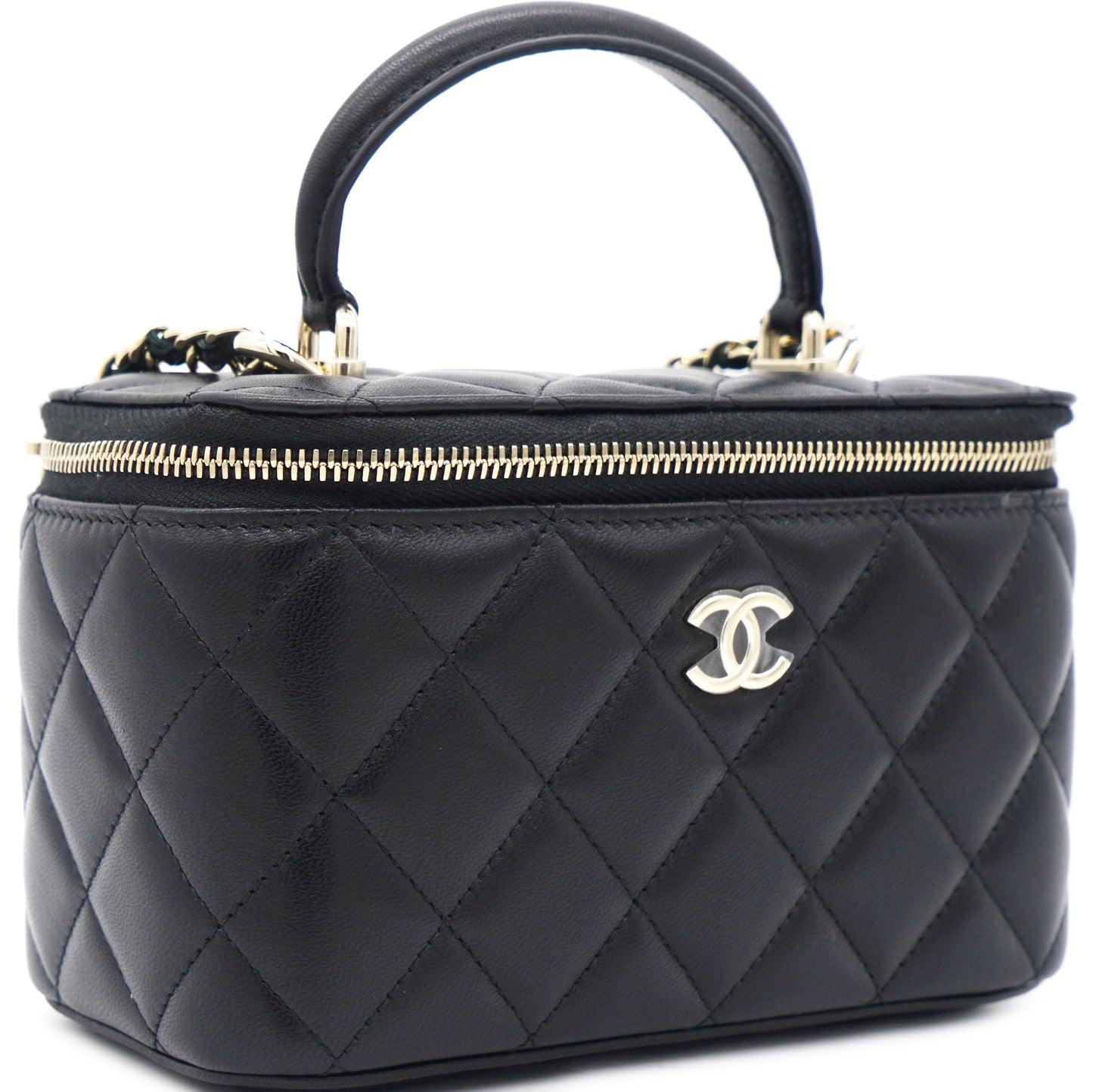 Lambskin Quilted Small Top Handle Vanity Case With Chain Black