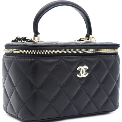 Lambskin Quilted Small Top Handle Vanity Case With Chain Black