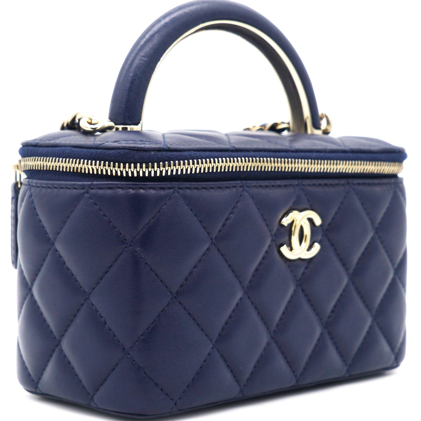 Lambskin Quilted Small Top Handle Vanity Case With Chain Navy