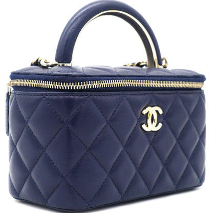 Lambskin Quilted Small Top Handle Vanity Case With Chain Navy