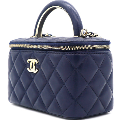 Lambskin Quilted Small Top Handle Vanity Case With Chain Navy