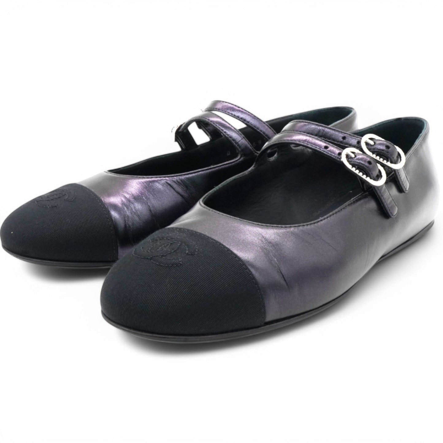 Lambskin Grosgrain Pearl Mary Jane Flats Black Size37