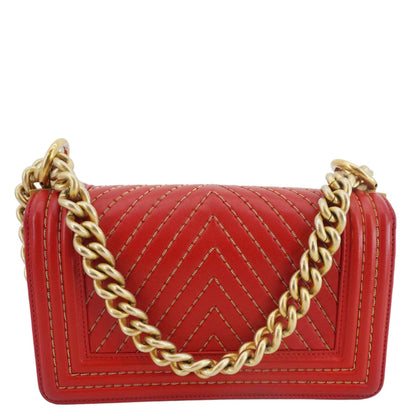 Chanel Boy Flap Small Chevron Leather Shoulder Bag Red
