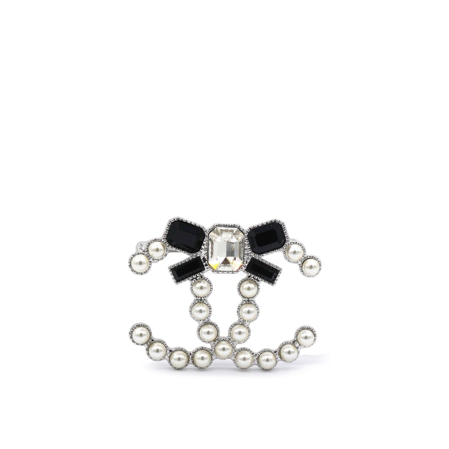 Pearl Crystal Bow CC Brooch Silver White Black