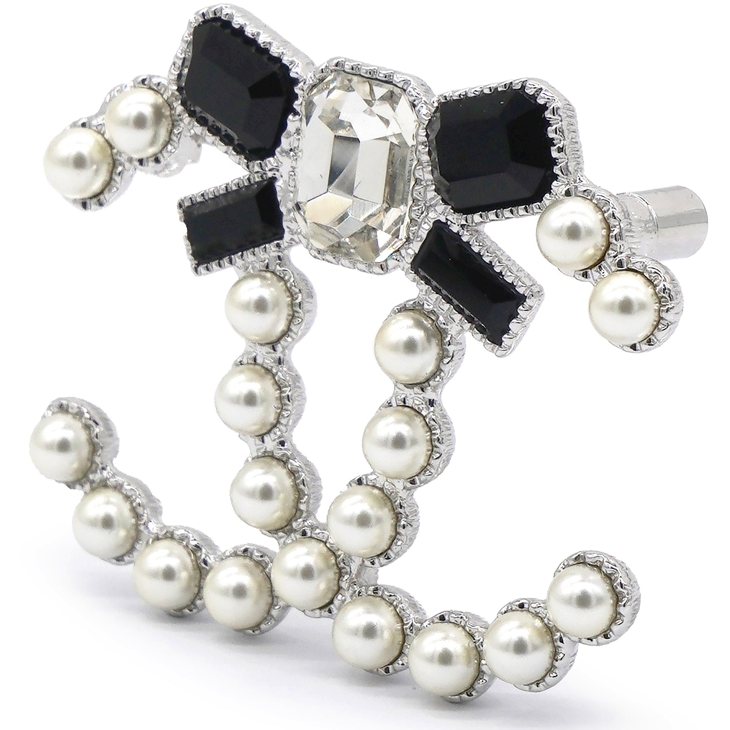 Pearl Crystal Bow CC Brooch Silver White Black