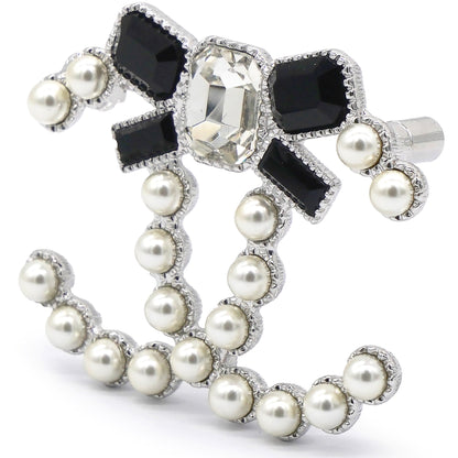 Pearl Crystal Bow CC Brooch Silver White Black