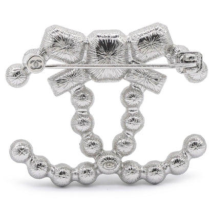 Pearl Crystal Bow CC Brooch Silver White Black