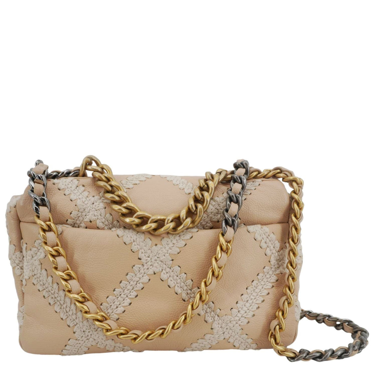 Chanel 19 Flap Medium Calfskin Crochet Shoulder Bag Beige