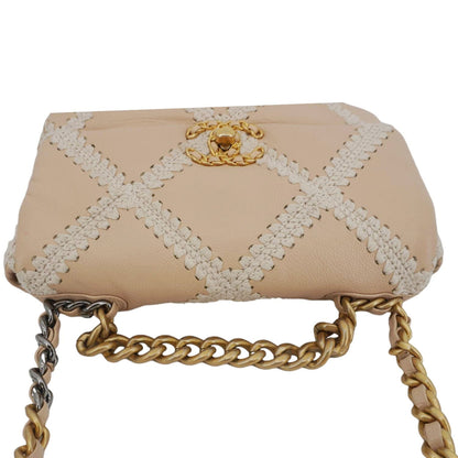Chanel 19 Flap Medium Calfskin Crochet Shoulder Bag Beige
