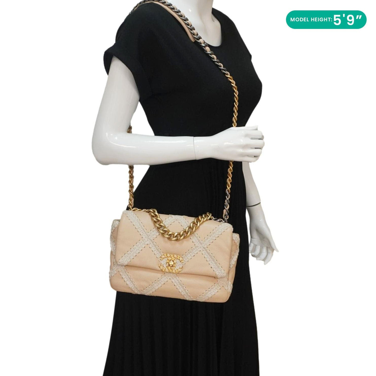 Chanel 19 Flap Medium Calfskin Crochet Shoulder Bag Beige