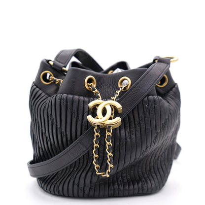 Black Pleated Leather CC Drawstring Bucket Bag