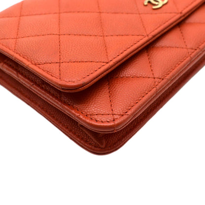 CHANEL WOC Quilted Caviar Leather Crossbody Wallet Red Orange