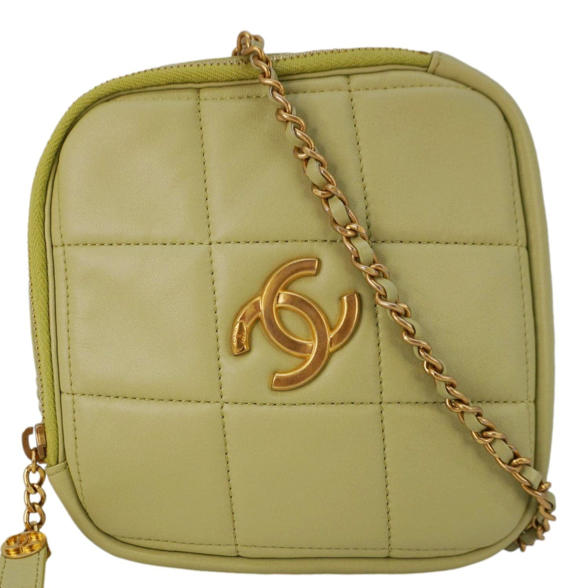 Chanel Diamond Quilted Lambskin Leather Coin Purse Chain Crossbody Bag Green