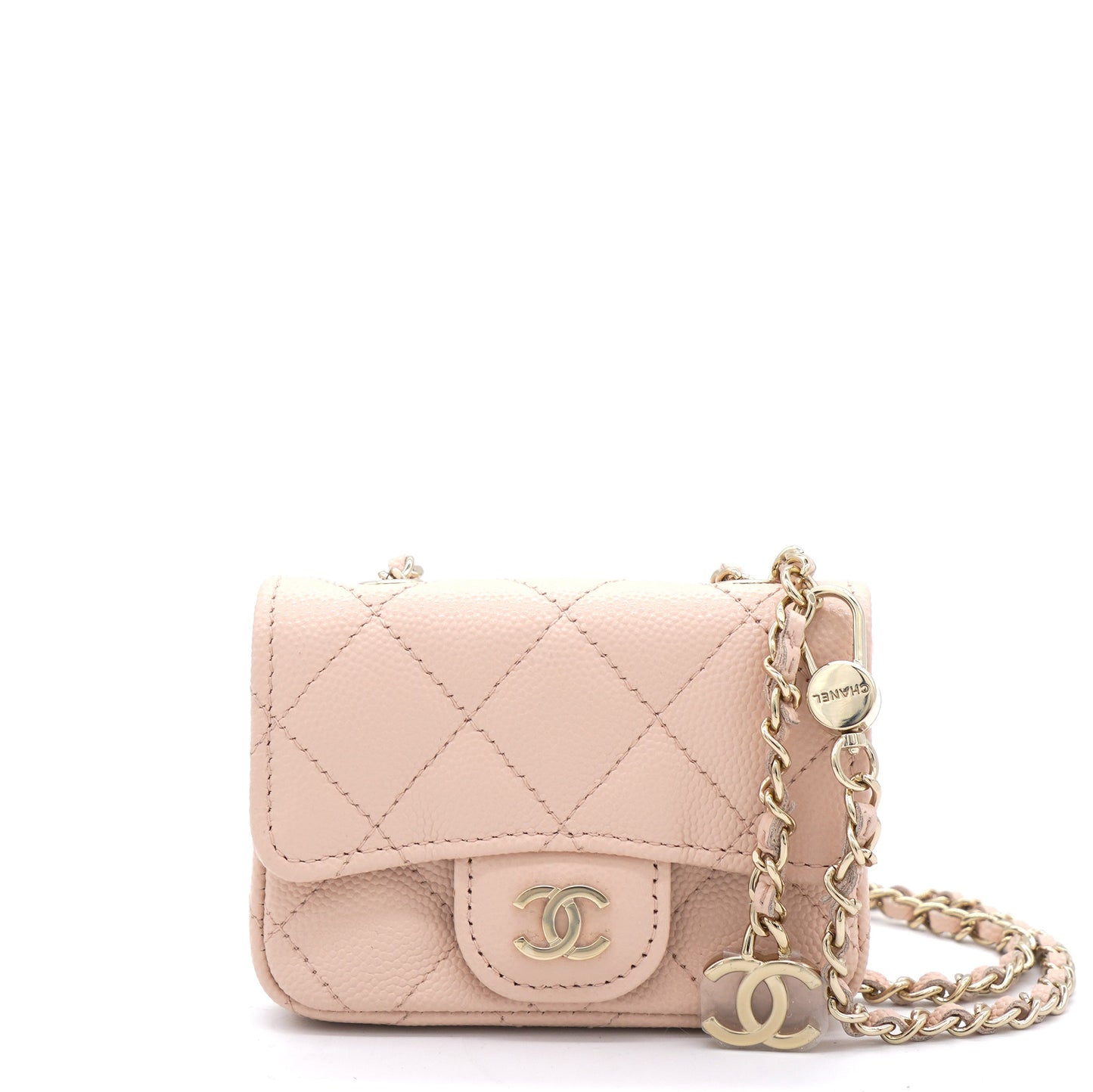 Pink Beige Quilted Caviar Leather Flap Card Holder with Belt Chain
