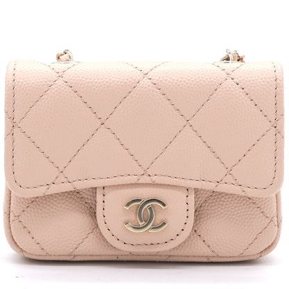 Pink Beige Quilted Caviar Leather Flap  Holder with Belt Chain