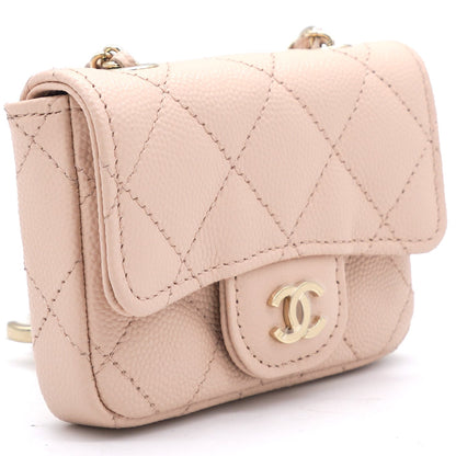 Pink Beige Quilted Caviar Leather Flap  Holder with Belt Chain