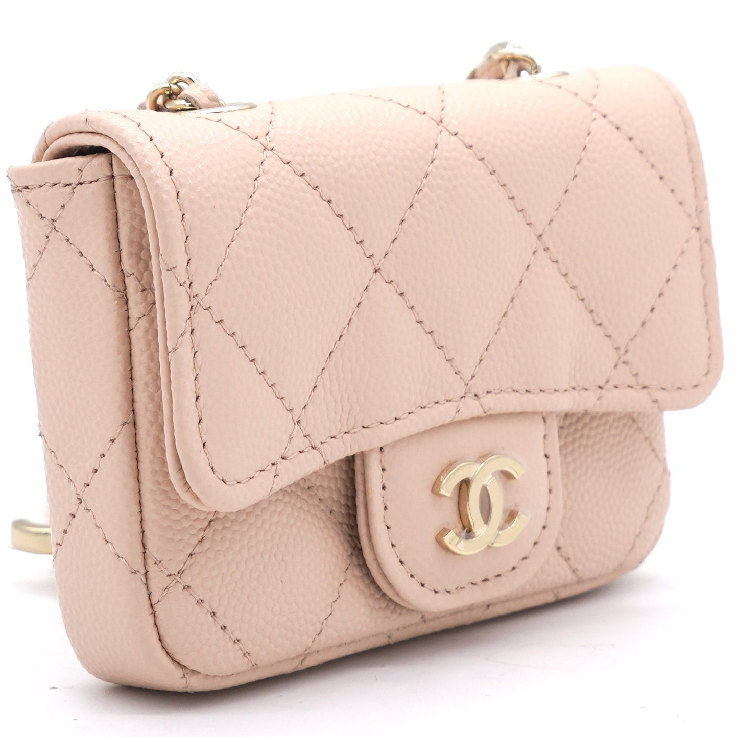 Pink Beige Quilted Caviar Leather Flap Card Holder with Belt Chain