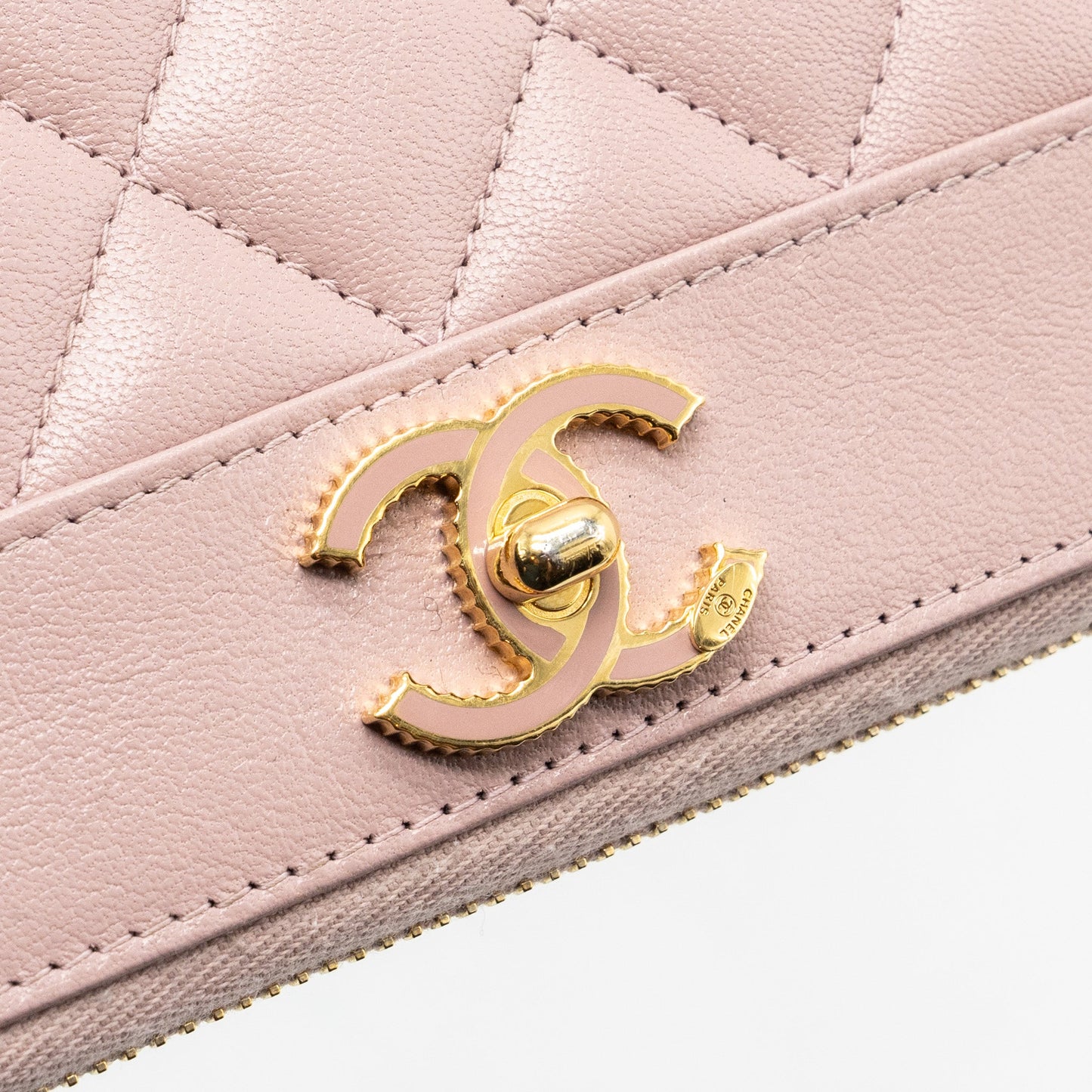 Chanel zip long wallet goatskin leather light pink GHW