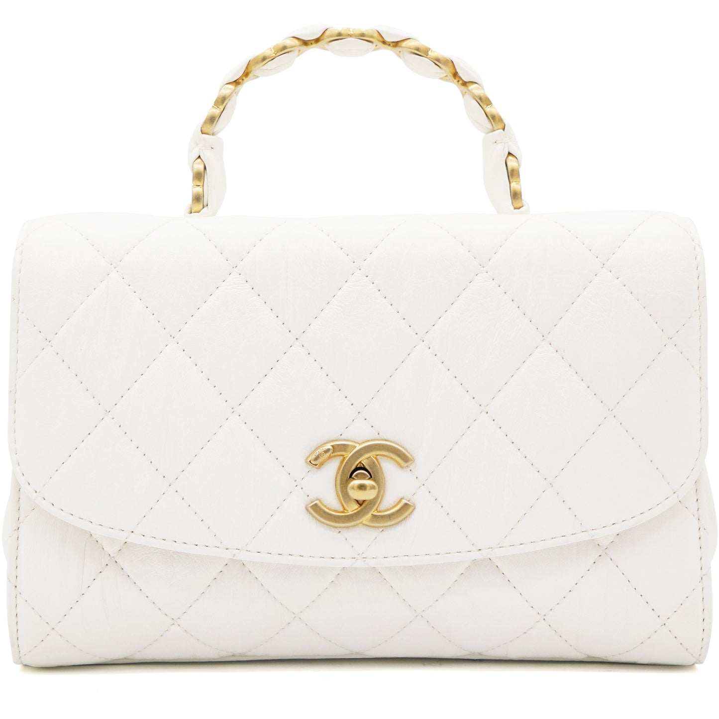 Crumpled Lambskin Quilted CC Links Top Handle Flap White