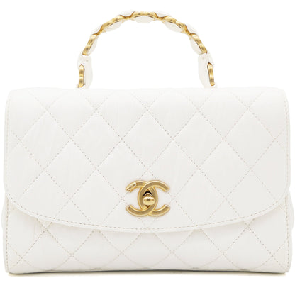 Crumpled Lambskin Quilted CC Links Top Handle Flap White