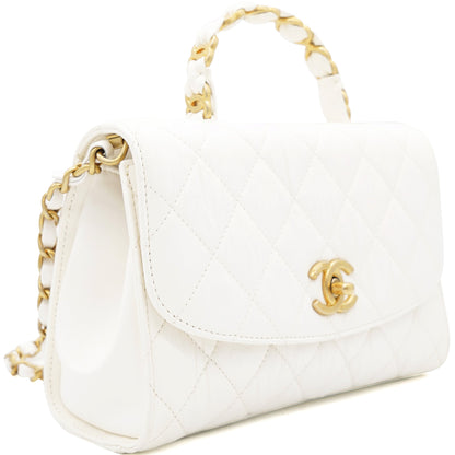 Crumpled Lambskin Quilted CC Links Top Handle Flap White