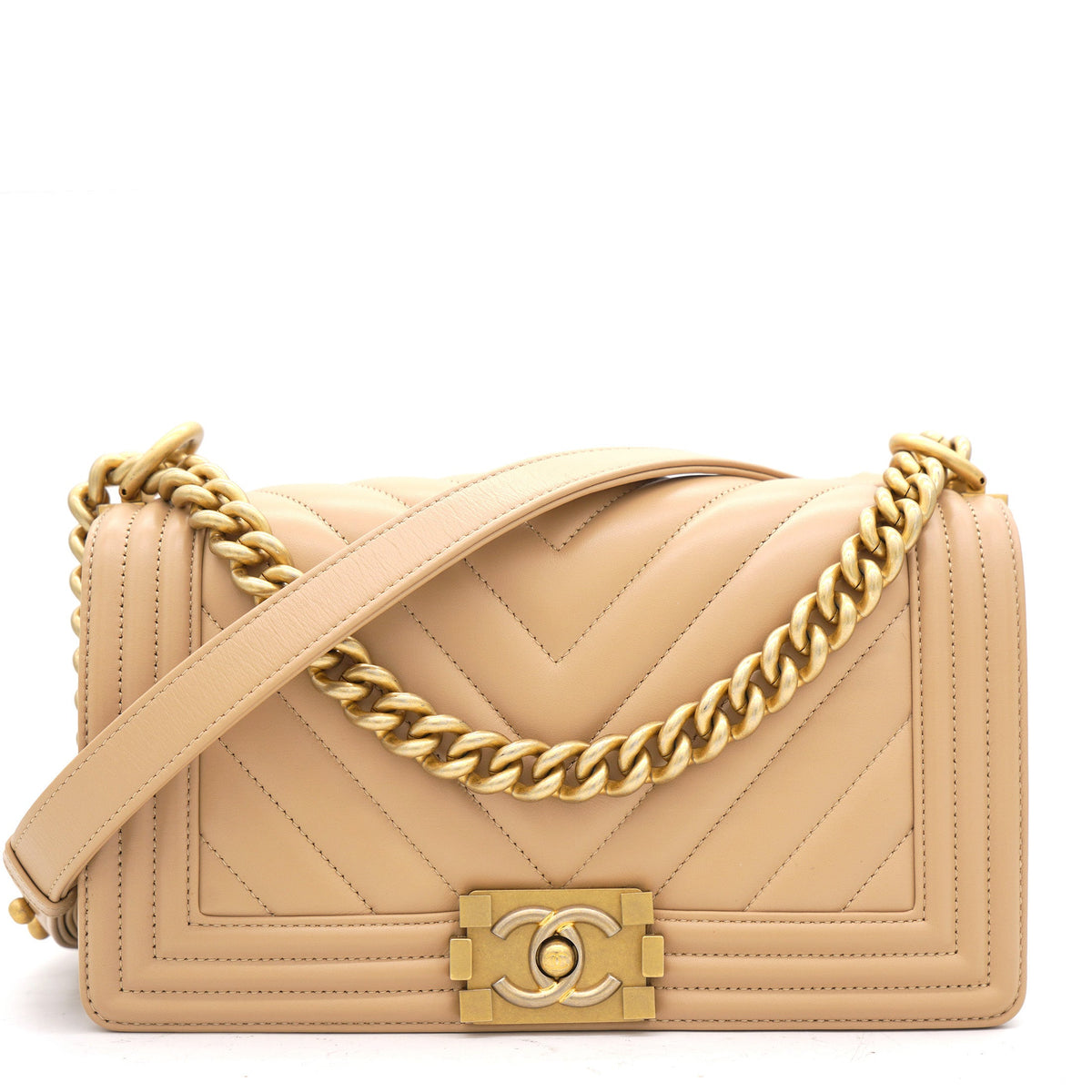 Beige Chevron Leather Medium Boy Flap Bag