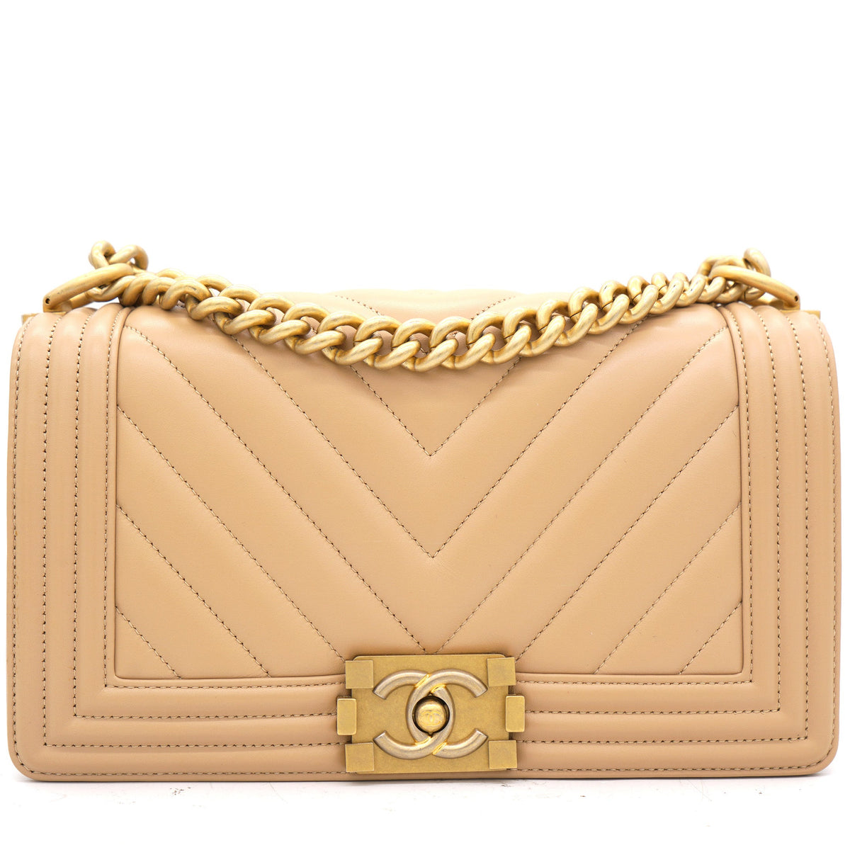 Beige Chevron Leather Medium Boy Flap Bag