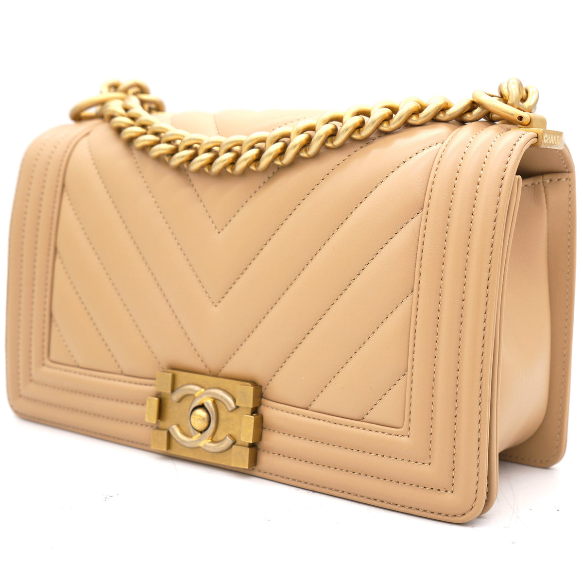 Beige Chevron Leather Medium Boy Flap Bag