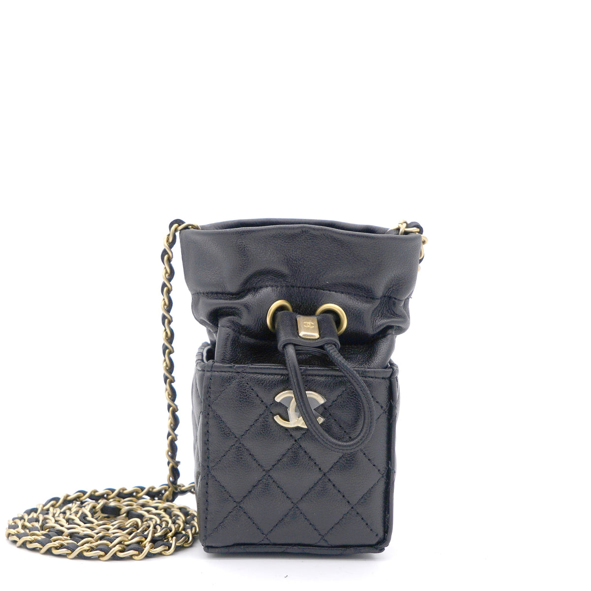 Lambskin Quilted Nano Cube Drawstring Bag Black