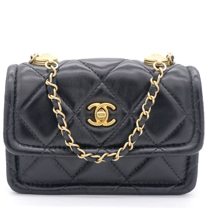 Lambskin Quilted Nano Flap Bag with button details Black