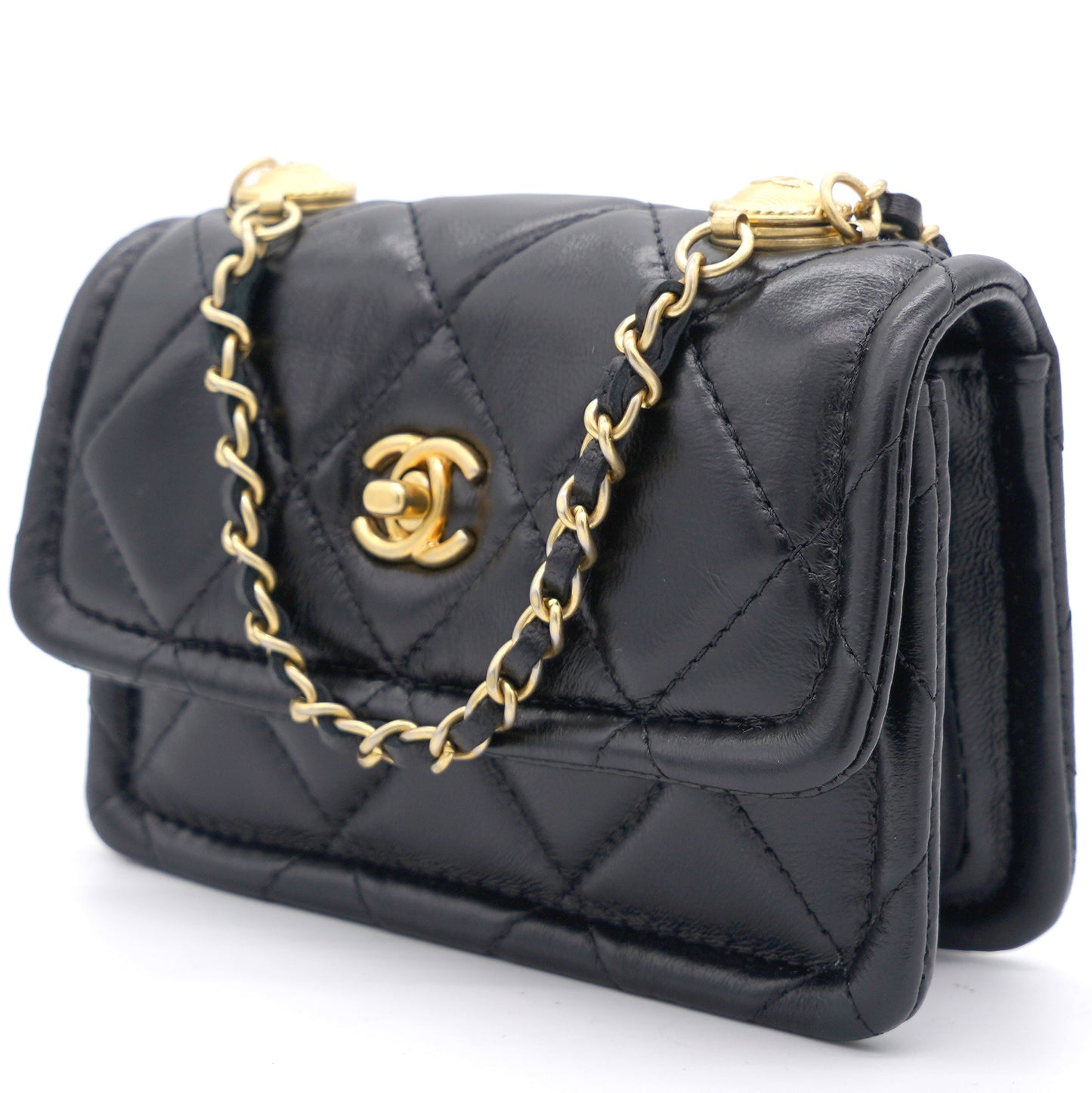 Lambskin Quilted Nano Flap Bag with button details Black