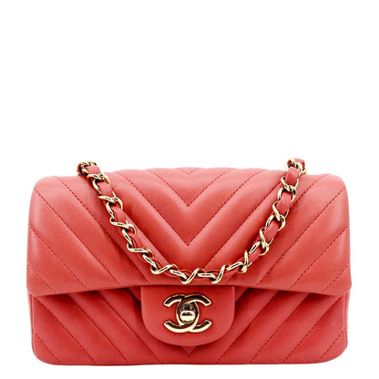 Chanel Rectangular Flap Mini Quilted Chevron Leather Shoulder Bag Red
