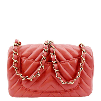 Chanel Rectangular Flap Mini Quilted Chevron Leather Shoulder Bag Red