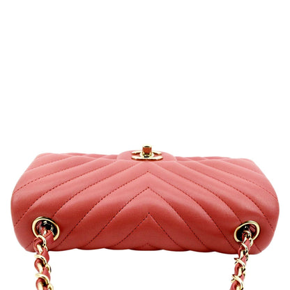 Chanel Rectangular Flap Mini Quilted Chevron Leather Shoulder Bag Red