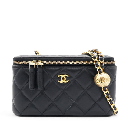 Lambskin Quilted Pearl Crush Small Vanity Case With Chain Black
