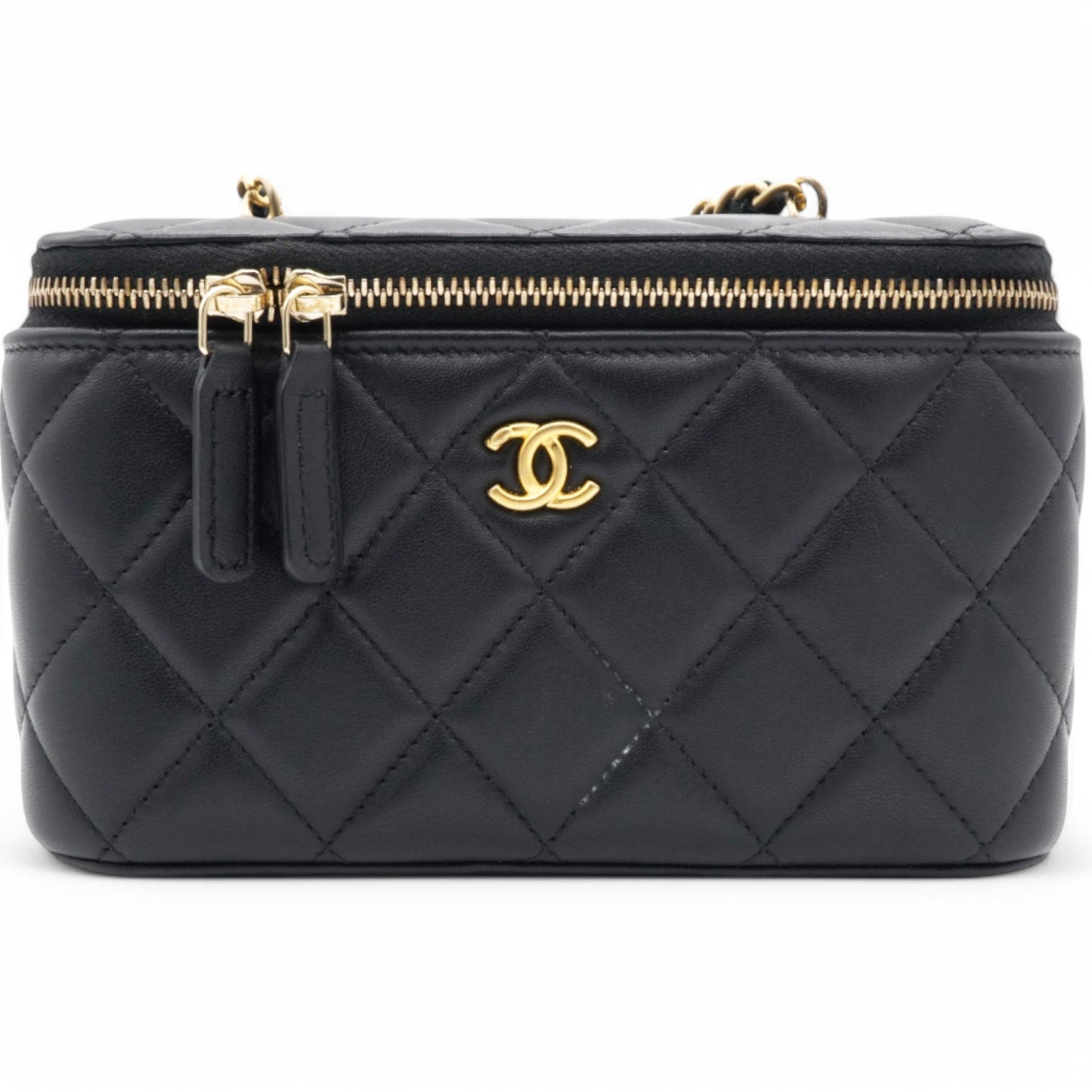 Lambskin Quilted Pearl Crush Small Vanity Case With Chain Black