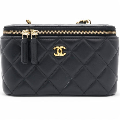 Lambskin Quilted Pearl Crush Small Vanity Case With Chain Black