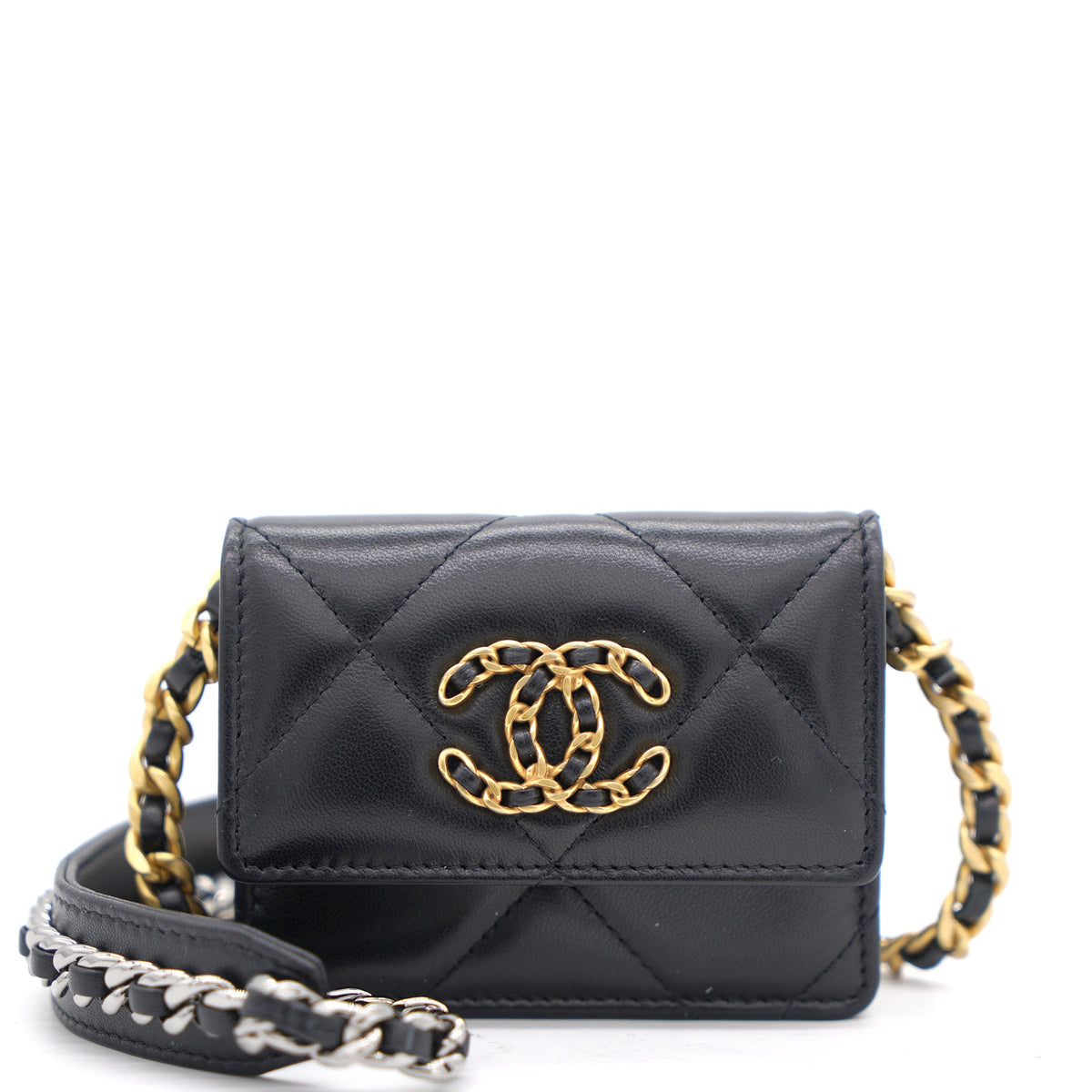 Black Quilted Lambskin Leather 19 Card Holder with Chain