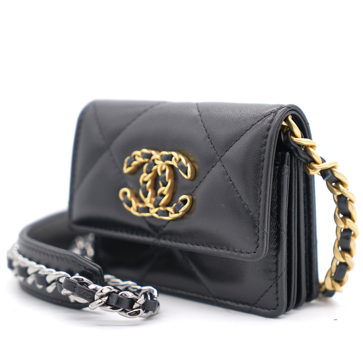Black Quilted Lambskin Leather 19 Card Holder with Chain