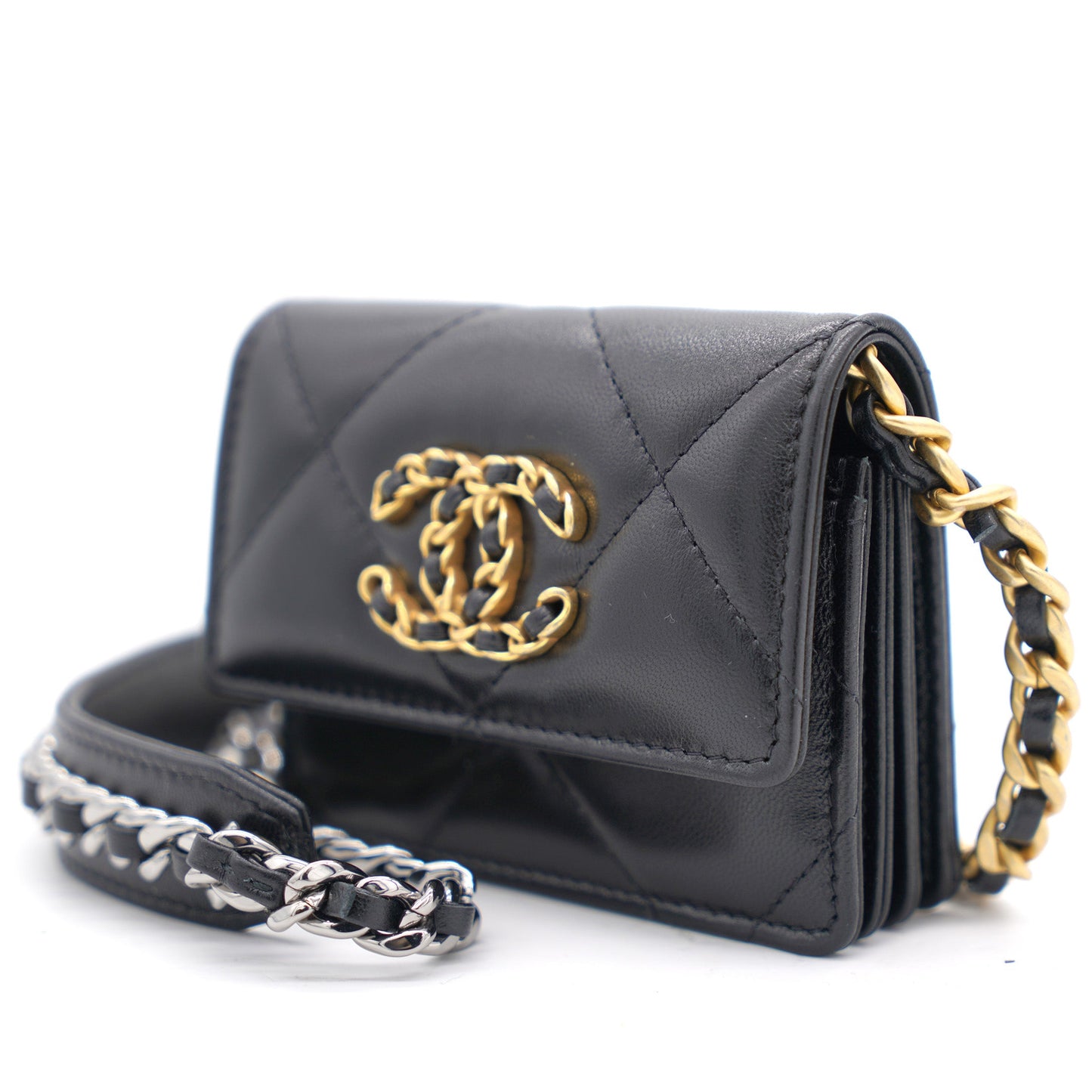 Black Quilted Lambskin Leather 19  Holder with Chain