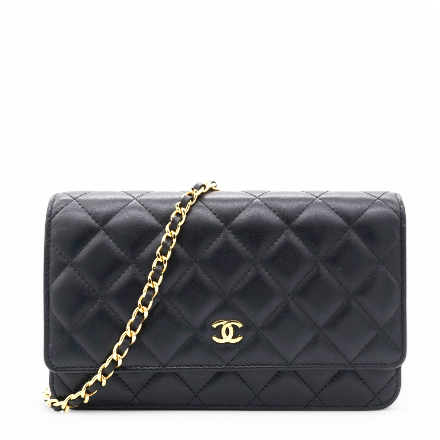 Lambskin Quilted Wallet On Chain WOC Black Microchip