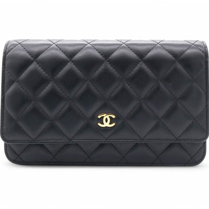 Lambskin Quilted Wallet On Chain WOC Black Microchip