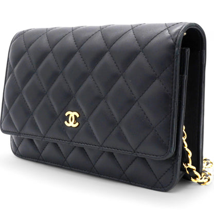 Lambskin Quilted Wallet On Chain WOC Black Microchip
